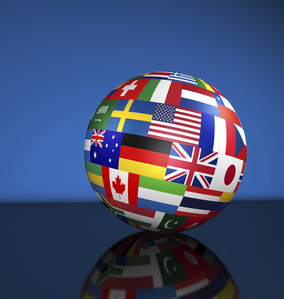 Flags of the world on a globe for international business, school, travel services and global management concept 3d illustration on blue background.