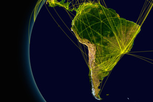 South America viewed from space with connections representing main air traffic routes. Elements of this image furnished by NASA.